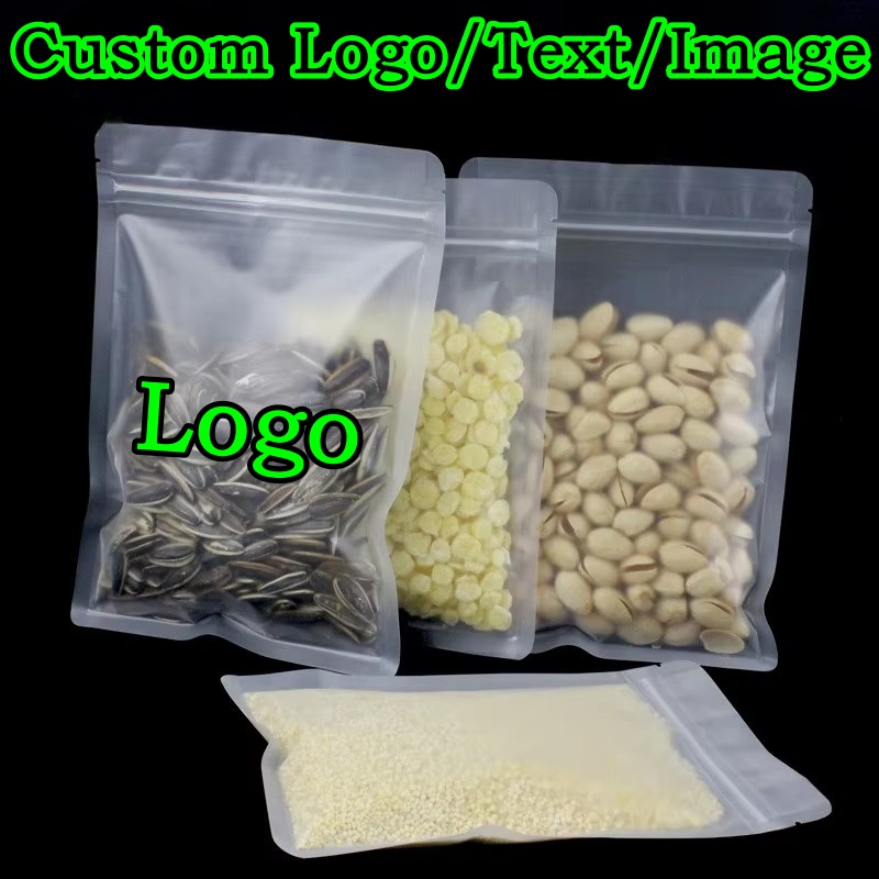 Logo Food Snack - ถุงซิปล็อคพลาสติกแบบฝ้า 100 ชิ้น สำหรับบรรจุภัณฑ์ DIY พิมพ์โลโก้ได้